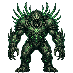 A hulking chitin-armored apex creature with glowing green veins
