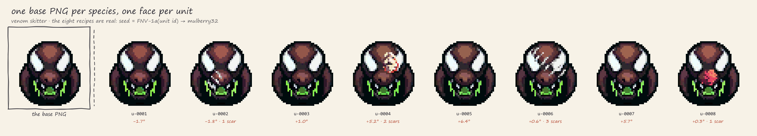 One venom skitter base portrait followed by eight composited individuals from sequential
unit ids, each labeled with its actual rolled hue shift and scar count, the jitter visible
but deliberately subtle