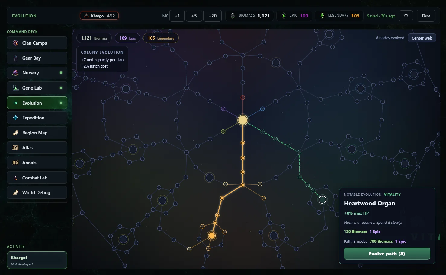 The Evolution Web skill tree, zoomed onto the origin