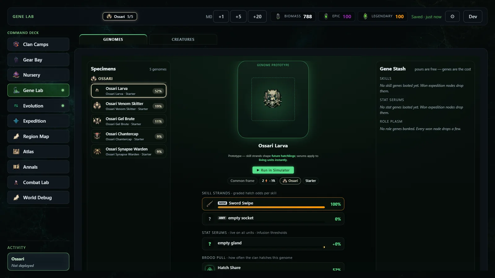 The Gene Lab screen with a specimen and its skill sockets