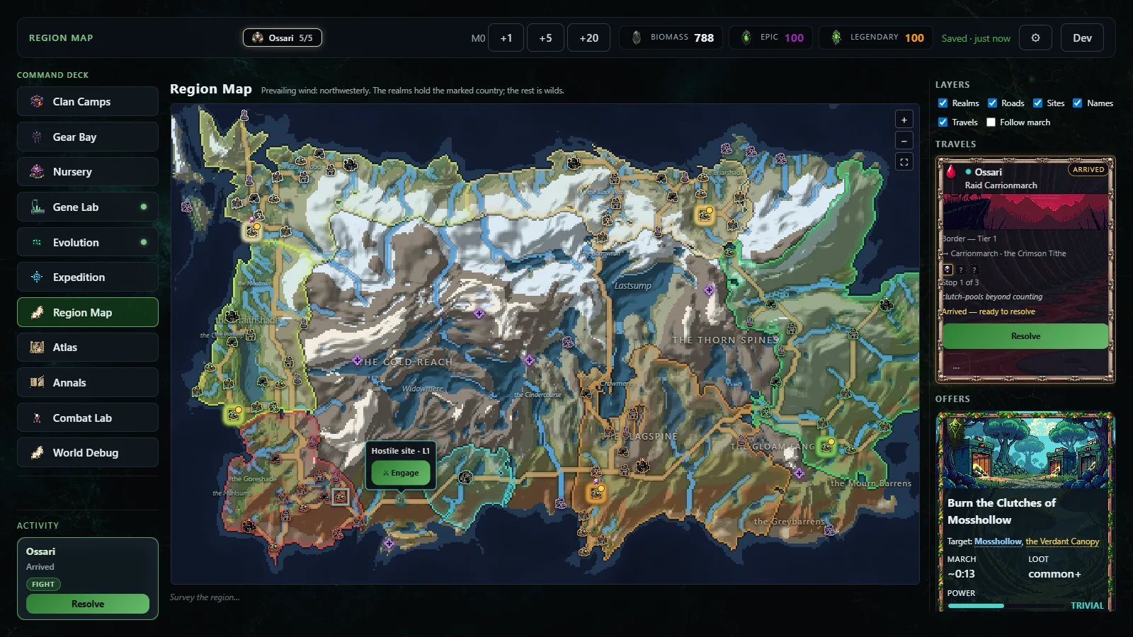 A procedurally generated region map with clan territories, roads and sites